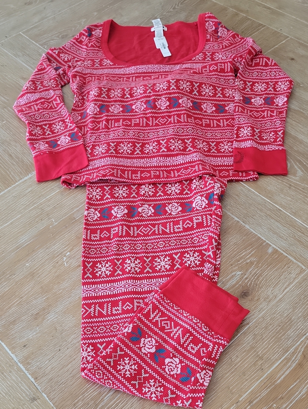 PINK Victoria's Secret Red Fair Isle Floral Thermal.pajama Set XL NWT